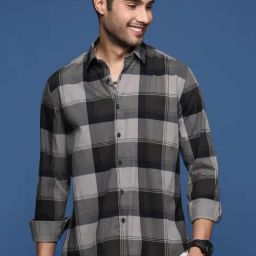 Showoff Grey Cotton Slim Fit Checks Shirt-image-66