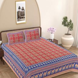 FrionKandy Living Blue & Red Ethnic Motifs 180 TC King Bedsheet with 2 Pillow Covers-image-105