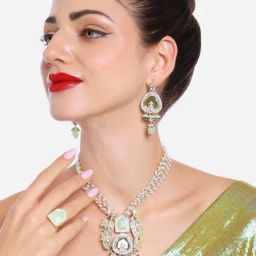 Zaveri Pearls Pink Goddess Laxmi Kundan Temple Long Necklace Earring & Ring Set-ZPFK16654-image-82