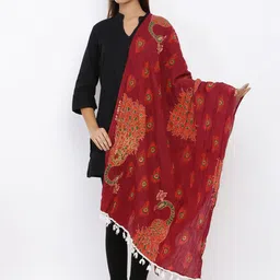 SOUNDARYA Maroon Block Printed Pure Cotton Dupatta-6