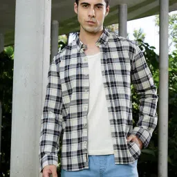Campus Sutra Navy Blue Cream White Button-Down Tartan Shirt-picture-25