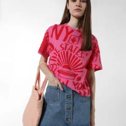 Only Pink & Red Cotton Graphic Print T-Shirt-image-20