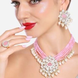Zaveri Pearls Pink Multistrand Crystal Kundan & Beads Necklace Earring & Ring Set-ZPFK16653-10