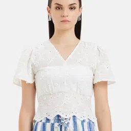 Kazo White Self Design Crop Top-image-44