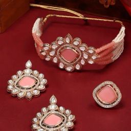 Zaveri Pearls Peach Multistrand Kundan Stones & Beads Choker Necklace Earring & Ring Set-ZPFK16657-image-67