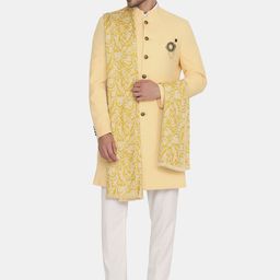 Blackberrys Men Yellow & White Self-Design Slim-Fit Sherwani Set-image-2