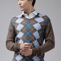 Park Avenue Geometric Self Design V-Neck Sweater-image-2