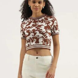 United Colors of Benetton Brown Cotton Printed Crop Top-image-70