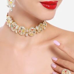 Zaveri Pearls Multicolor Kundan & Stones Choker Necklace Earring & Ring Set-ZPFK16660-26