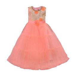 Wish Karo Girls Peach-Coloured & Beige Embroidered Fit and Flare Dress-4