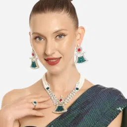 Zaveri Pearls Green & Pink Multistrand Beaded Kundan & Stones Necklace Earring & Ring Set-ZPFK16658-image-52