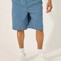 Styli Medium Blue Cotton Relaxed Fit Solid Shorts-image-14