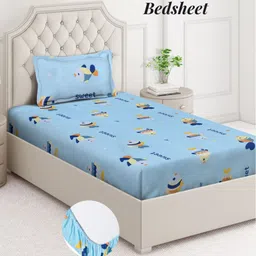 Aura Blue & Mustard Cartoon Characters 350 TC Single Bedsheet with 1 Pillow Covers-image-37
