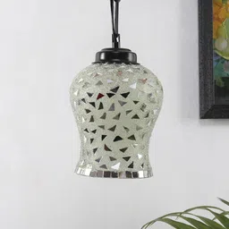 Devansh White & Silver-Toned Mosaic Pattern Traditional Glass Hanging Light-image-86