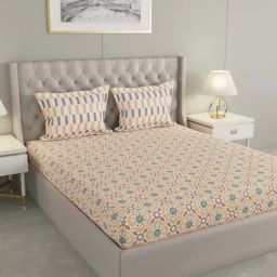 Raymond Home Jazzy Peach & Grey 120 TC Cotton Queen Bedsheet with 2 Pillow Covers-image-91