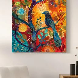 Art Street Multicolour Large Stretched Abstract Birds In A Tree Canvas Painting image 2