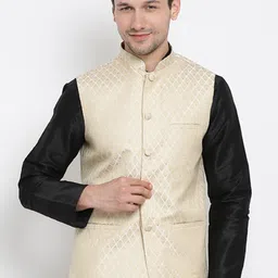 VASTRAMAY Men Cream-Coloured Woven Design Nehru Jacket-14