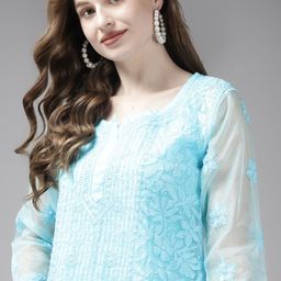 ADA Blue Ethnic Motifs Embroidered Chikankari Handloom Kurti With Matching Slip-14