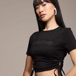 bebe Embellished Brand Logo T-shirt With Tie-Up Detail-image-40