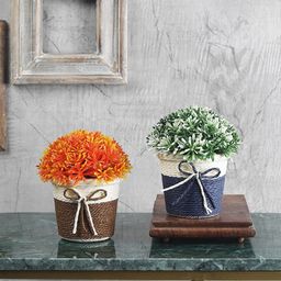 FOLIYAJ Set of 2 Orange & Green Artificial Plants With Round Pots-16