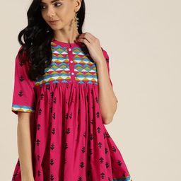 Sangria Pink & Black Pure Cotton Printed A-Line Top-image-54