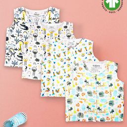 Kidbea Bamboo Fabric Pack Of 4 Sleeveless Stars & Forest With Elephant Printed Jhablas - White-16