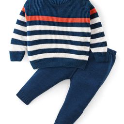 Babyhug Full Sleeves Sweater Set Striped - Navy Blue-image-37