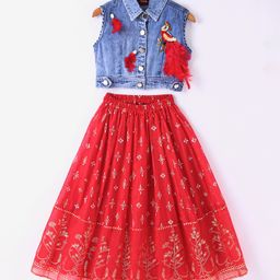 Twisha Sleeveless Sequin Bird Embellished Denim Top With Ethnic Foil Printed Ghagra - Blue & Red-image-68