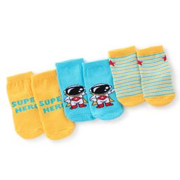 Cute Walk by Babyhug Ankle Length Anti Bacterial Socks Astronaut Design Pack of 3 - Yellow & Blue-image-93