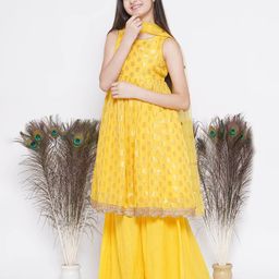 Little Bansi Sleeveless Banarasi Floral Motif Detailed Kurta With     Lurxe Striped Sharara & Duppatta - Haldi Yellow-image-58