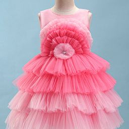 Bluebell Net Woven Sleeveless Layered Party Frock with Floral Applique - Pink-image-24