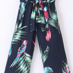 CrayonFlakes Forest Theme Leaves & Birds Printed Belted Palazzo - Navy Blue-image-33