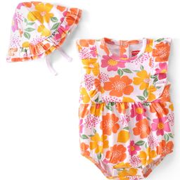 Babyhug 100% Cotton Knit Frill Sleeves Floral Printed Onesie with Cap - Multicolour-image-62