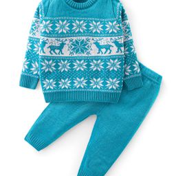 Babyhug Knit Full Sleeves Sweater Set with Aztec & Reindeer Design - Blue-image-53