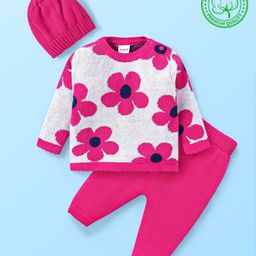 Babyhug Knit Full Sleeves Pullover Sweater Set & Capwith Floral Design - Dark Pink & White-image-70