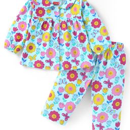 Babyhug Cotton Knit Full Sleeves Front Open Night Suit with Peter Pan Collar & Floral Print - Sky Blue-image-80