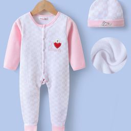 Kookie Kids Full Sleeves Front Open Checkered Romper with Cap Bear & Bunny Embroidery - Pink-image-64