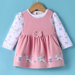 ToffyHouse Cotton Woven Frock & Full Sleeves Inner Tee With Floral Print & Embroidery & Bow Applique - Pink & White-image-86