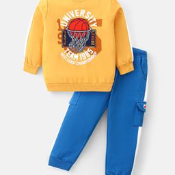 Babyhug Cotton Knit Full Sleeves T-Shirt & Lounge Pants Set With Basketball Print - Mustard & Blue-image-72