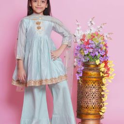 Little Bansi Chanderi Cotton Three Fourth Sleeves Kurta Frock With Plazzo And Dupatta With Boota, Lace & Tussel Work - Dolphin Green-image-3