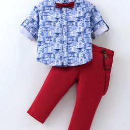 ToffyHouse 100% Cotton Woven Full Sleeves House Printed Shirt & Trouser Set with Bow & Suspender - Maroon & Blue-image-25