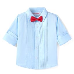 Babyhug Cotton Woven Full Sleeves Solid Shirt with Pintucks Detailing & Bow - Light Blue-image-78