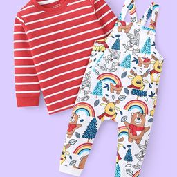 Babyhug Single Jersey Knit Full Sleeves Striped T-Shirt & Full Length Dungaree Set with Animals Print -Red & White-image-24