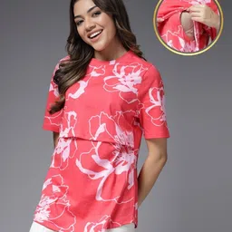Zelena 100% Cotton Half Sleeves Floral Printed Top With Nursing Access - Red-picture-0