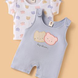ToffyHouse Cotton Woven Half Sleeves Inner T-Shirt & Dungaree Style Romper With Teddy Print - Mauve-image-47