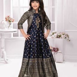 Tiny Kingdom Georgette Floral Foil Printed Gown With Three Fourth Sleeves Jacket Set - Blue-image-16