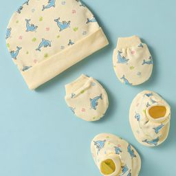 Ben Benny 100% Cotton Knit Cap Mittens & Booties Set With Dolphin Print Yellow - Diameter 9 cm-image-130