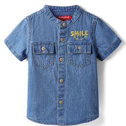 Babyhug Cotton Woven Half Sleeves Shirt with Smile Text Embroidery -Blue-image-28