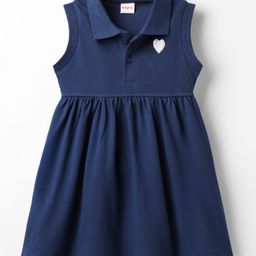 Babyhug Cotton Knit Sleeveless Collared Frock with Heart Embroidery - Navy Blue-image-44