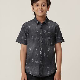 Under Fourteen Only Half Sleeves Palm Trees Printed Denim Shirt - Black-image-47